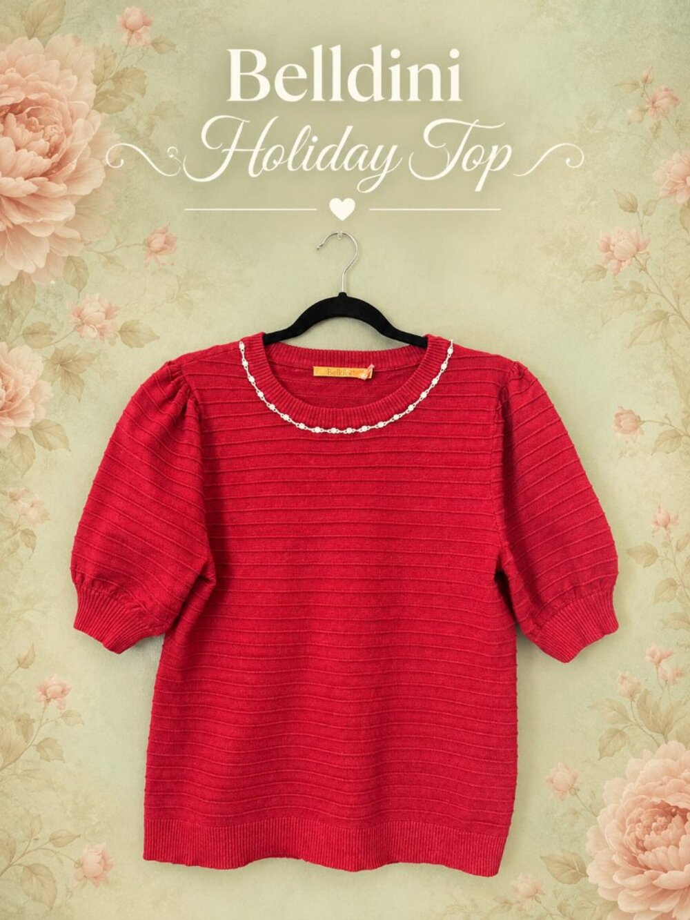 Belldini Red Knit Holiday Top with Pearl Neckline & Puff Sleeves